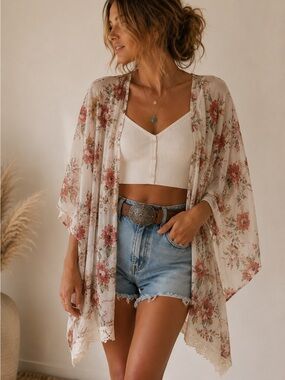 Boho Floral Sheer Lace Trim Kimono Cardigan in Cream and Dusty Rose
